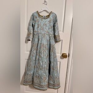 Light Blue Embroidered Girls' Party Dress with Gold Trim